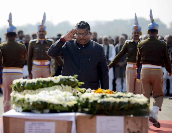 Union Law Minister Ravi Shankar Prasad pays tribute to martyrs Ratan Kumar Thakur and Sanjay Kumar Sinha. Ravi Shankar Prasad Pulwama