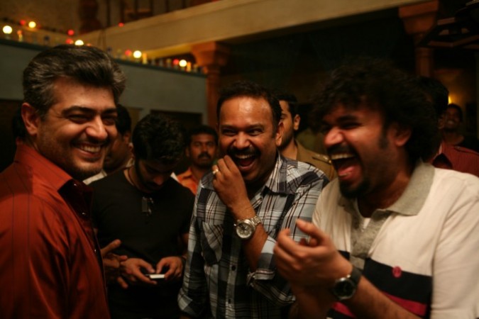 A picture of Ajith with Venkat Prabhu and Premji during the making of Mankatha. Venkat Prabhu with Ajith and Premji