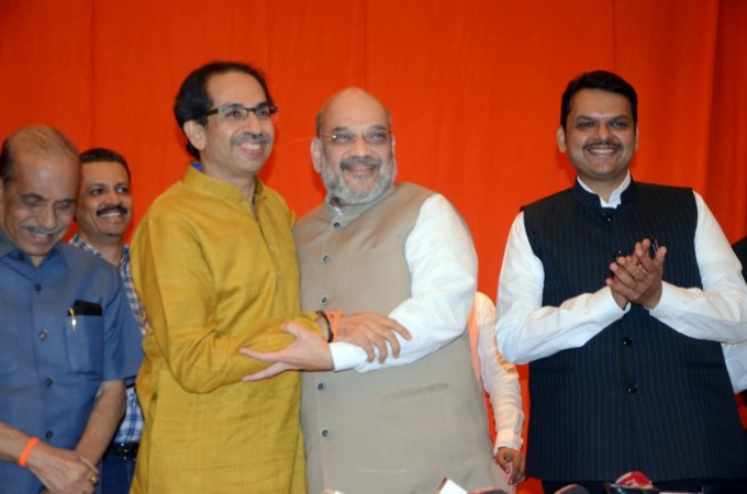 BJP President Amit Shah and Sena President Uddhav Thackeray, along with Maharashtra Chief Minister and BJP leader Devendra Fadnavis during a joint media briefing regarding BJP-Shiv Sena alliance for upcoming Lok Sabha and Maharashtra Assembly elections, in Mumbai on Feb 18, 2019. BJP Shiv Sena
