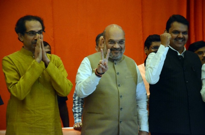 BJP President Amit Shah and Sena President Uddhav Thackeray, along with Maharashtra Chief Minister and BJP leader Devendra Fadnavis during a joint media briefing regarding BJP-Shiv Sena alliance for upcoming Lok Sabha and Maharashtra Assembly elections, in Mumbai on Feb 18, 2019. BJP shiv Sena alliance