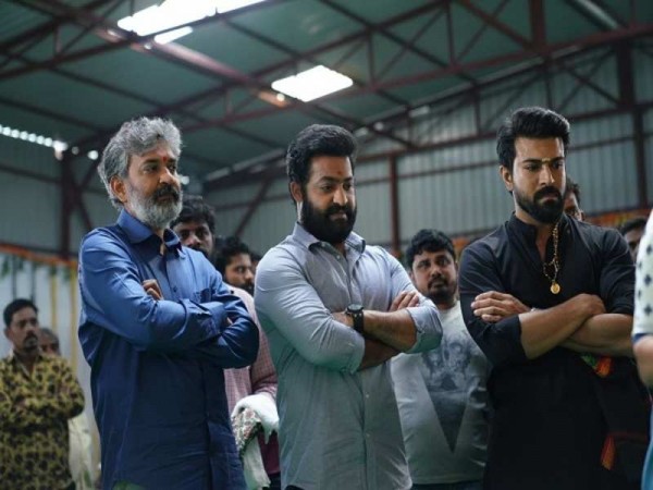   SS Rajamouli with Junior NTR and Ram Charan at the opening ceremony of the RRR film 