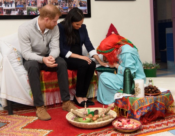 Meghan, Duchess of Sussex attends a Henna ceremony as she visits a boarding house in the town of Asni. Meghan Markle