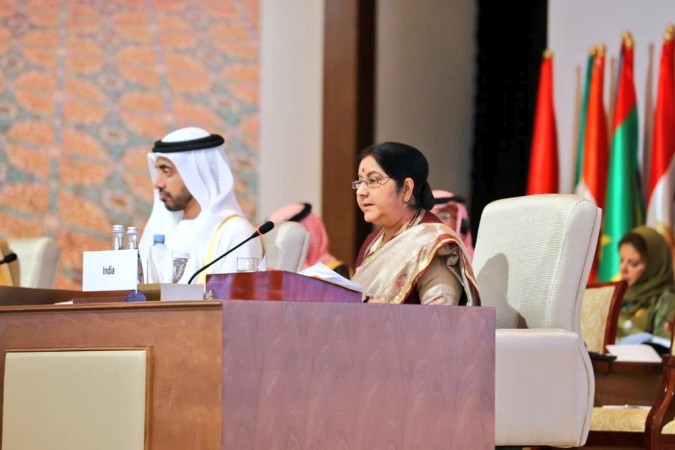 External Affairs Minister Sushma Swaraj addressing the OIC meeting in Abu Dhabi on Friday. Sushma Swaraj