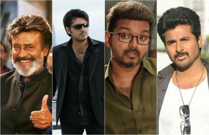A collage of Rajinikanth, Ajith, Vijay and Sivakarthikeyan. Isha Koppikar's controversial comment on Kollywood stars