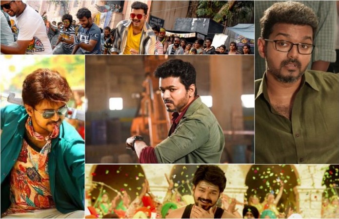 A collage of Thalapathy Vijay's looks in recent movies. Vijay's looks in recent movies