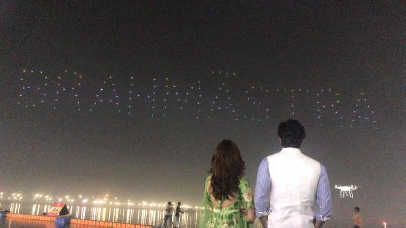 Ranbir Kapoor, Alia Bhatt and director Ayan Mukerji launched Brahmāstra's logo on Mahashivratri at Kumbh Mela by lighting a swarm of drones that formed the logo. Ranbir Kapoor, Alia Bhatt and director Ayan Mukerji launched Brahmāstra's logo on Mahashivratri at Kumbh Mela by lighting a swarm of drones that formed the logo.