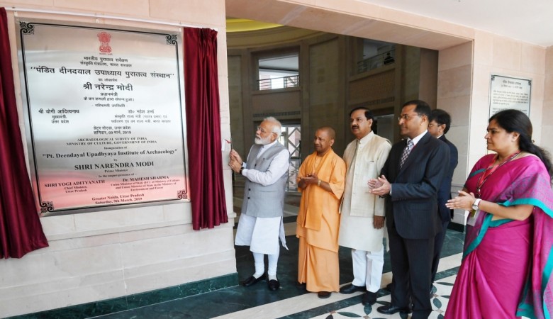 Prime Minister Narendra Modi inaugurates Pandit Deendayal Upadhyaya Institute of Archaeology, at Greater Noida, Uttar Pradesh on March 9, 2019. Also seen Uttar Pradesh Chief Minister Yogi Adityanath, Union MoS Culture Dr. Mahesh Sharma and other dignitaries. Prime Minister Narendra Modi