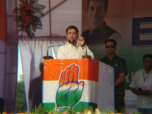 Congress President Rahul Gandhi addresses during a public meeting in Tripura's Khumulwng on March 20, 2019. rahul gandhi