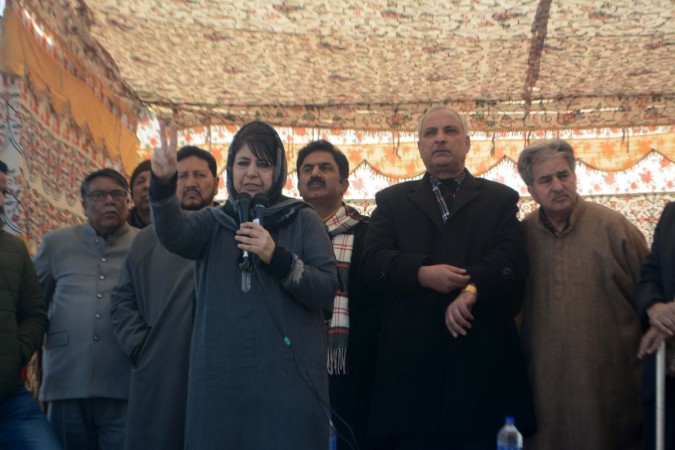 PDP President Mehbooba Mufti during a programme organised to protest against the arrest of Jamaat-e-Islami (JeI) members, in Anantnag of Jammu and Kashmir on March 6, 2019. The JeI has been banned by the Centre and orders have been issued to seize the assets of the socio-political religious group.The state government has, however, made it clear that orphanages and mosques run and owned by the group had been kept out of the seizure order. mehbooba mufti