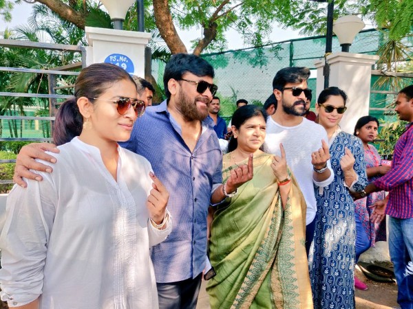 Chiranjeevi with family members at a polling booth of the Lok Sabha elections in Banjara Hills Chiranjeevi with family members at a polling booth of the Lok Sabha elections in Banjara Hills