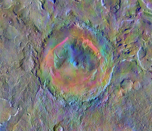 NASA's Curiosity rover has detected methane at Mars's Gale crater (which is shown here in false colour).Credit: ASU/JPL-Caltech/NASA Methane on Mars