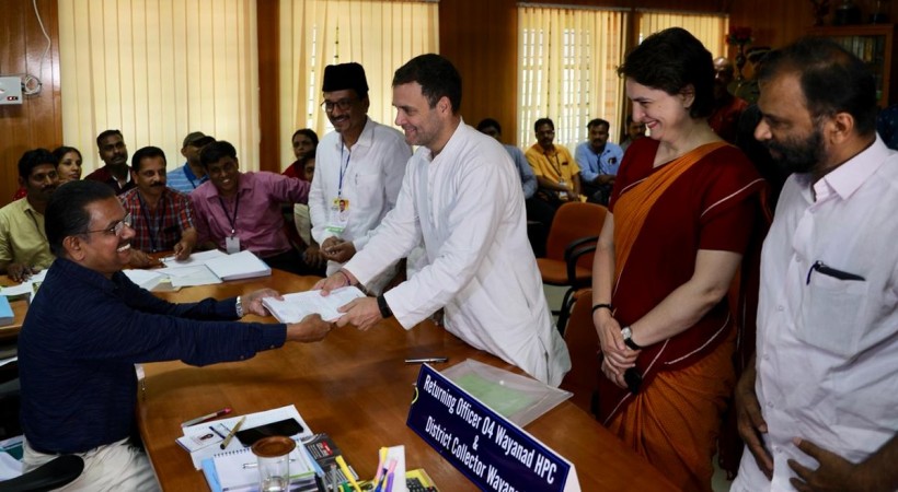 Congress President Rahul Gandhi files his nomination for his second seat of Wayanad for the 2019 Lok Sabha elections in Wayanad, Kerala on April 4, 2019. Also seen Congress General Secretary (Uttar Pradesh East) Priyanka Gandhi. Rahul gandhi wayanad nomination