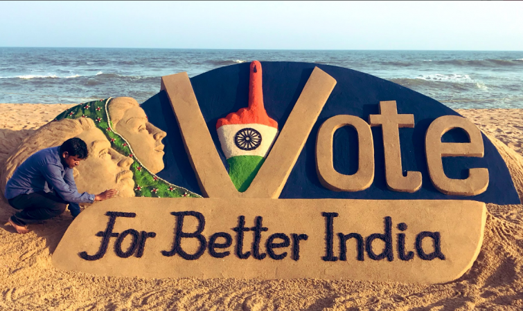 Sand artist Sudarsan Pattnaik urges people to vote for Phase 2 of Lok Sabha elections 2019. phase 2 lok sabha polls