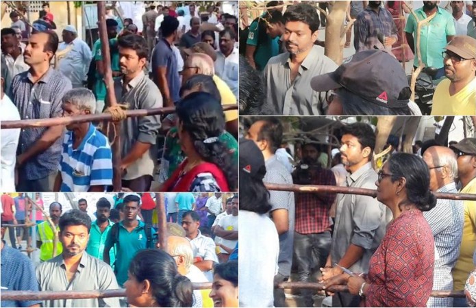 A collage of Vijay standing in the queue to cast his vote. Lok Sabha Elections 2019: Vijay Votes in a School at Adyar in Chennai