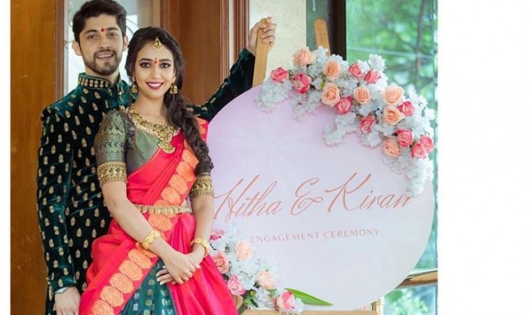 A picture from Hitha Chandrashekhar's engagement with Kiran Srinivas. Hitha Chandrashekhar and Kiran Srinivas' engagement
