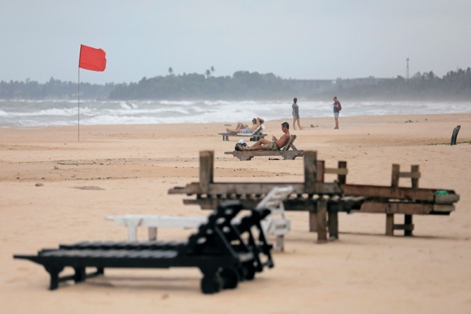 Empty sunbathing chairs are seen on a beach near hotels in a tourist area in Bentota, Sri Lanka. Sri Lanka beach