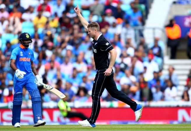 Jimmy Neesham celebrates the wicket of Hardik Pandya India vs New Zealand