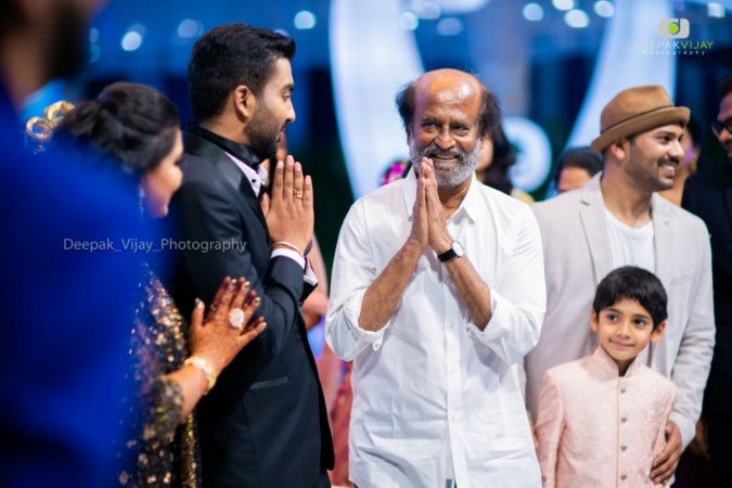 Tamil superstar Rajinikanth at Ravichandran's daiughter Geethajali's wedding with Ajay. Rajinikanth at Ravichandran's Daughter Wedding