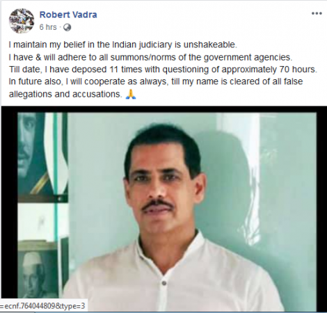 Robert Vadra took to Facebook and Twitter to defend himself in the money laundering case. Robert Vadra Facebook Post