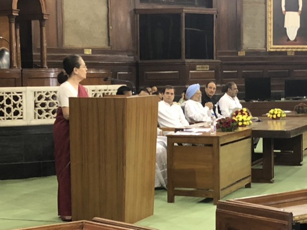 Sonia Gandhi addressing 52 lawmakers of the Congress party. Sonia Gandhi