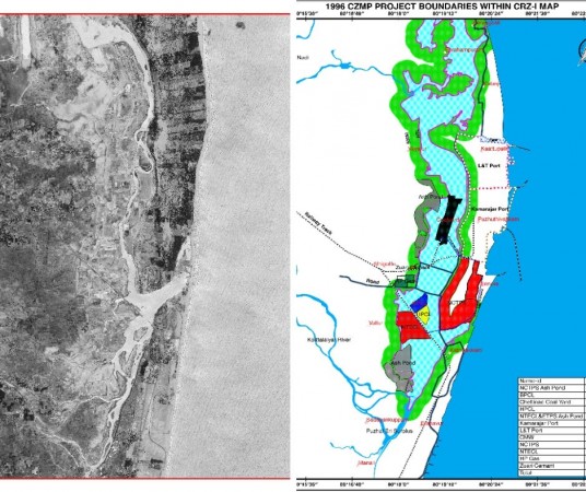 Satellite image of Ennore in 1985 (Left) and Coastal Zone Management Plan, 1996 with details of the encroachments over the years. Encroachment