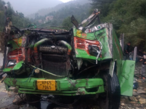 The upper part of the bus has been destroyed. Kullu bus accident