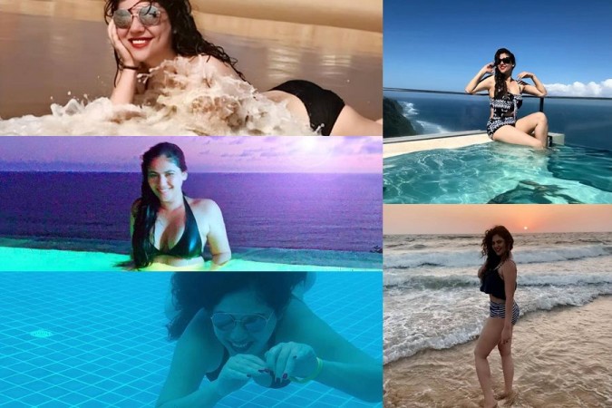 A collage of Sherin Shringar in two-piece bikini. Bigg Boss Tamil contestant Sherin in Bikini