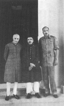 Prime Minister Jawaharlal Nehru, the Nizam of Hyderabad and Major Jayanto Nath Chaudhuri after Hyderabad's accession to India Nizam
