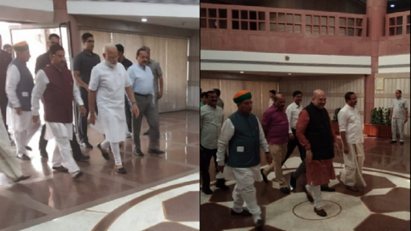 Prime Minister Narendra Modi (left) and Home Minister Amit Shah arrive for BJP parliamentary meeting. amit shah modi