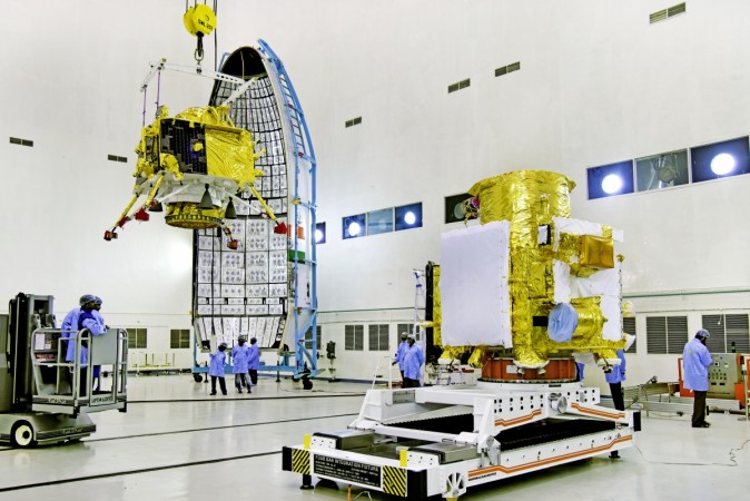 Indian Space Research Organisation (ISRO) engineers hoist lunar lander Vikram along with composite orbiter Chandrayaan-2 to the nose cone of the launch vehicle Geosynchronous Satellite Launch Vehicle (GSLV Mk-III) ahead of the launch on July 15 from the second launch pad of the Satish Dhawan Space Centre in Sriharikota. Chandrayaan-2 lunar orbiter hoisted to GSLV Mk-III nose cone