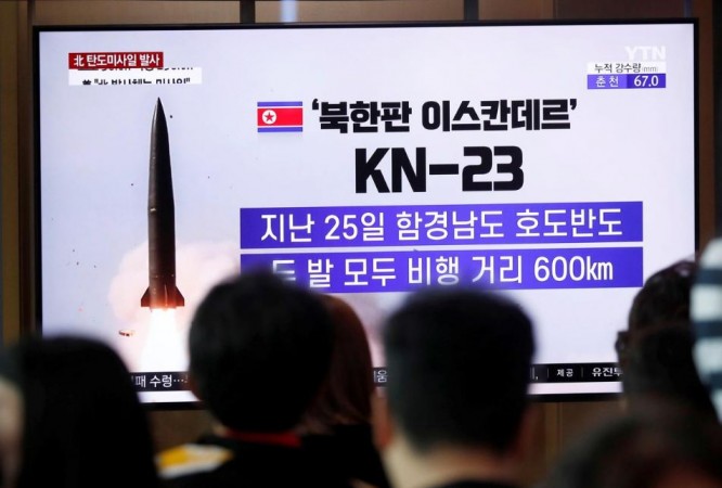 A TV broadcast of a news report on North Korea firing ballistic missiles, in Seoul. July 31, 2019. Missile launch