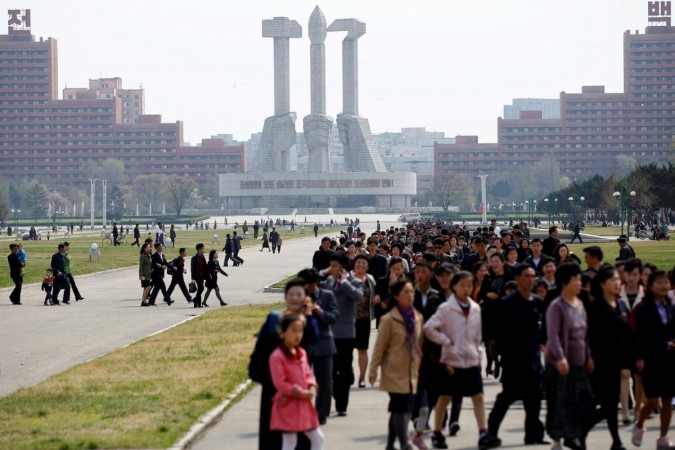 People visit the Monument to the Foundation of the Workers' Party in Pyongyang, North Korea April 16, 2017. North korean tourism