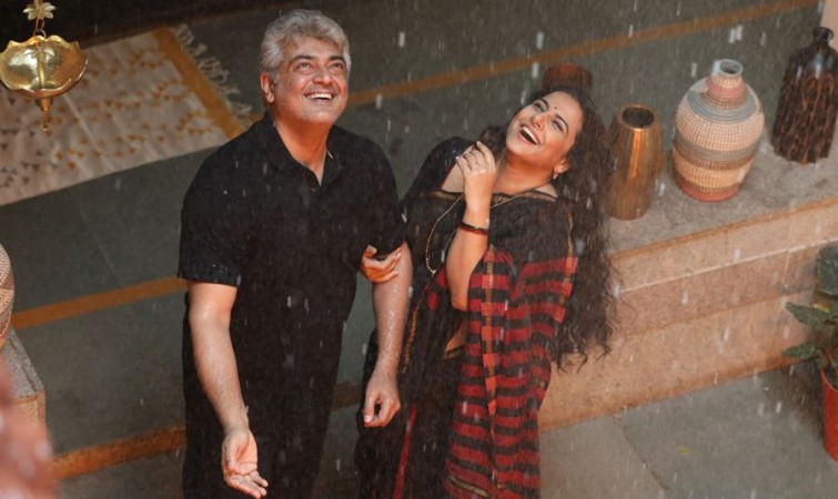 A movie still from Ajith Kumar and Vidya Balan's Nerkonda Paarvai. Ajith Kumar and Vidya Balan in Nerkonda Paarvai