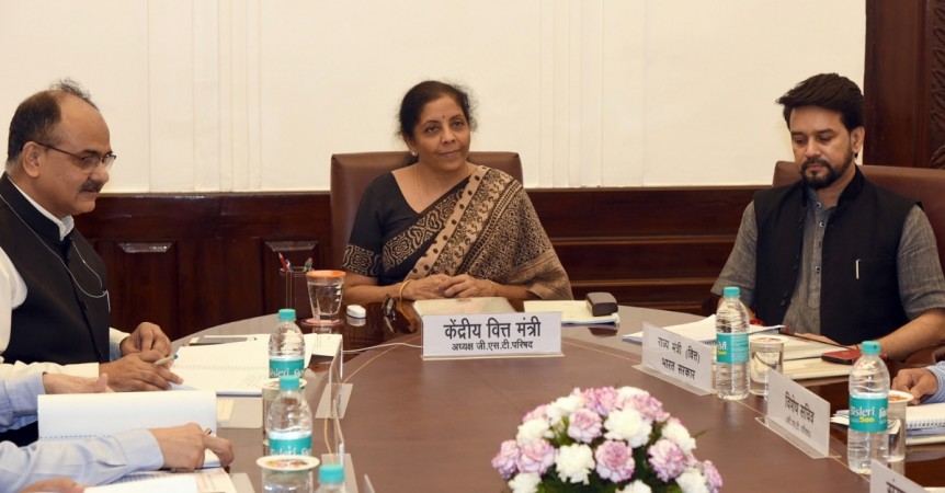 Union Finance and Corporate Affairs Minister Nirmala Sitharaman chairs the 36th GST Council meeting, in New Delhi on July 27, 2019. Also seen Union MoS Finance and Corporate Affairs Anurag Singh Thakur. Nirmala Sitharaman