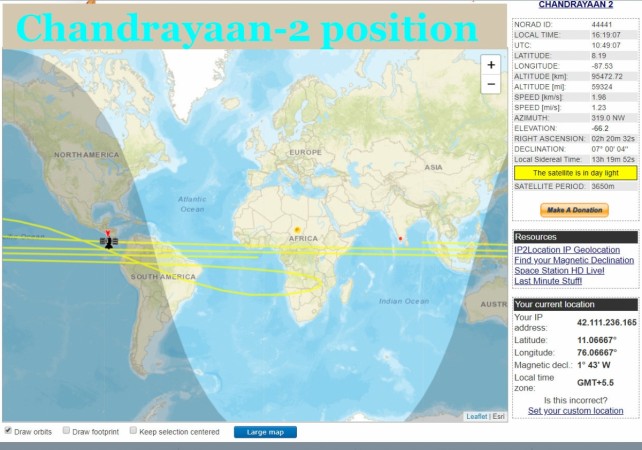 Chandrayaan-2, ISRO's Moon Mission, on the orbit as visible on a satellite tracking website. The spacecraft carrying lander Vikram and rover Pragyan will leave the Earth's gravitational field early on Wednesday. Chandrayaan-2 in space