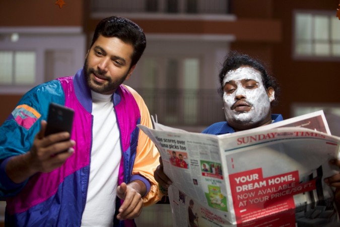 Jayam Ravi and Yogi Babu in Comali. Comali