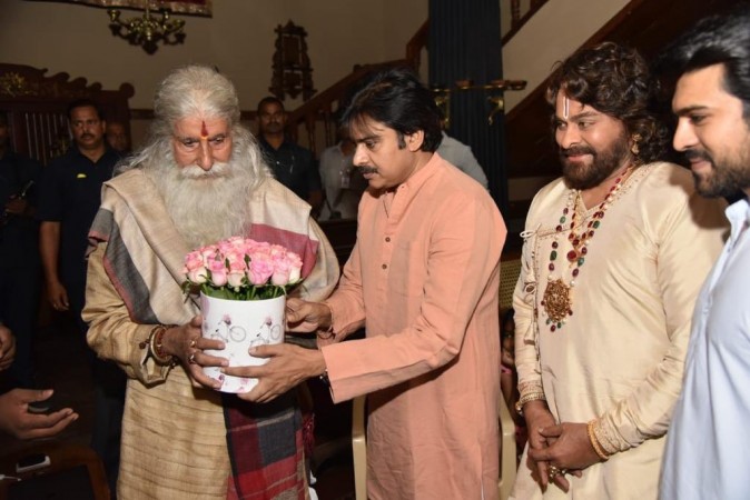 Pawan Kalyan with Amitabh Bachchan, Chiranjeevi and Ram Charan on the sets of Sye Raa Narasimha Reddy Pawan Kalyan with Amitabh Bachchan, Chiranjeevi and Ram Charan on the sets of Sye Raa Narasimha Reddy