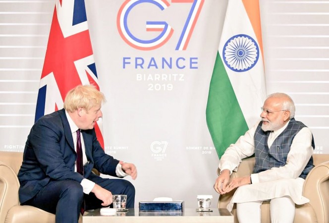 British Prime Minister Boris Johnson with Indian counterpart Narendra Modi met at the sideline of the G-7 summit in Biarritz, France. Modi Johnson G-7 summit