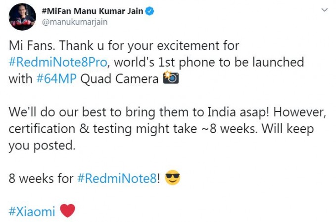 Manu Jain declares the Redmi Note 8 series launch date in India Manu Jain declares the Redmi Note 8 series launch date in India