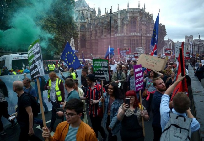 Anti-Brexit protesters attend a demonstration outside the House of Parliament, in London, Britain September 3, 2019. Anti Brexit