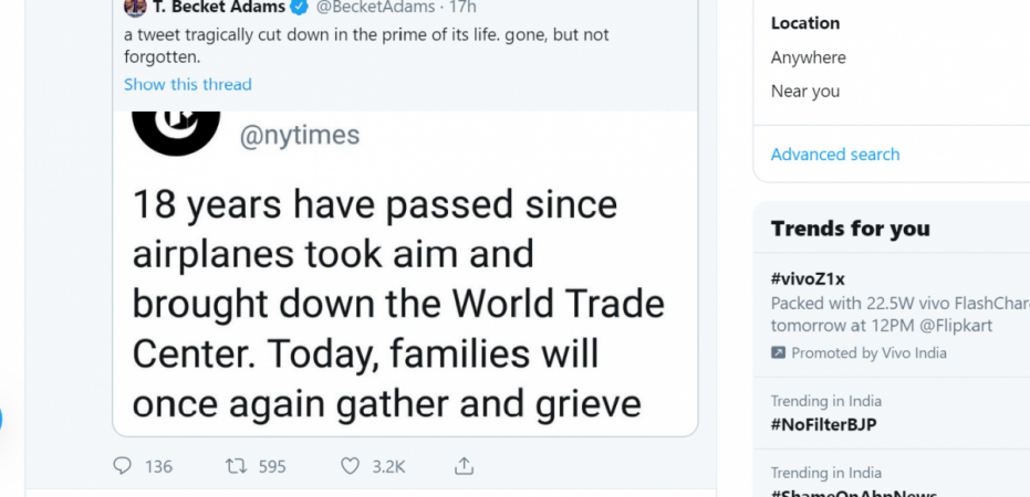 NYT deletes tweet on 9/11 attack anniversary - Twitter screenshot NYT article on 9/11