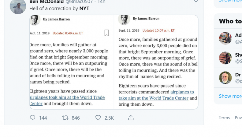 New York Times deletes tweet on 9/11 attack anniversary- Twitter screenshot NYT deletes tweet on 9/11 anniversary