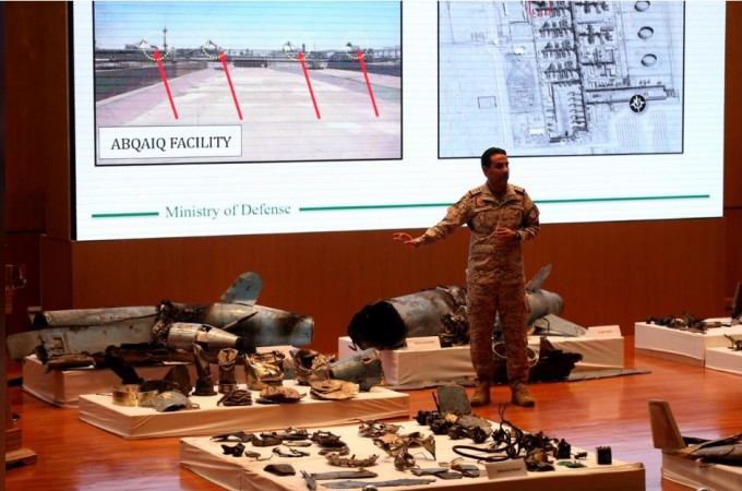 Saudi defence ministry spokesman Colonel Turki Al-Malik displays remains of the missiles which Saudi government says were used to attack an Aramco oil facility, during a news conference in Riyadh, Saudi Arabia, September, 18, 2019. saudi military spokesperson