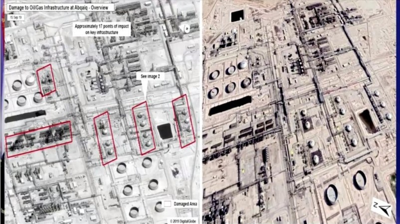 A satellite image shows the Aramco site in Saudi Arabia during a television speech by Houthi spokesperson, Yahya Saria on September 18, 2019. Saudi oil attacks