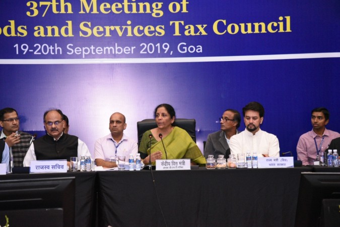 Union Finance Minister Nirmala Sitharaman chairs the 37th council meeting of the Goods and Services Council (GST) in Goa on Sep 20, 2019. Also seen Union MoS Finance Anurag Thakur and Revenue Secretary Ajay Bhushan Pandey. gst council meeting