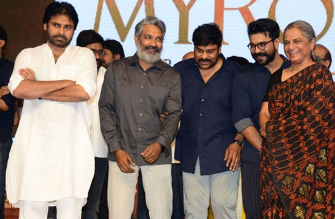 Pawan Kalyan, SS Rajamouli, Chiranjeevi and Ram Charan at Sye Raa pre-release event Pawan Kalyan, SS Rajamouli, Chiranjeevi and Ram Charan at Sye Raa pre-release event