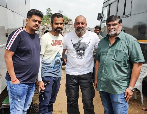 Executive producer Karthik Gowda, director Prashanth Neel with Sanjay Dutt on the sets of KGF: Chapter 2. Sanjay Dutt on the sets of KGF 2