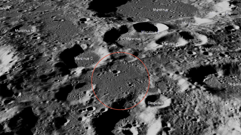 The Chandrayaan-2 lander, Vikram, attempted a landing Sept. 7 (Sept. 6 in the United States), on a small patch of lunar highland smooth plains between Simpelius N and Manzinus C craters. NASA image