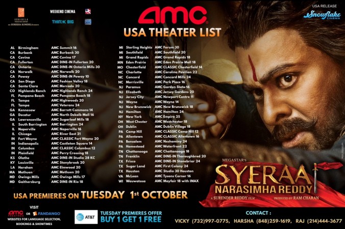 Sye Raa Narasimha Reddy USA schedule list Sye Raa Narasimha Reddy USA schedule list