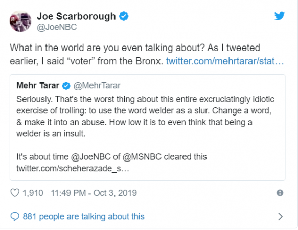 Tweets from Joe Scarborough and Mehr Tarar Tweet